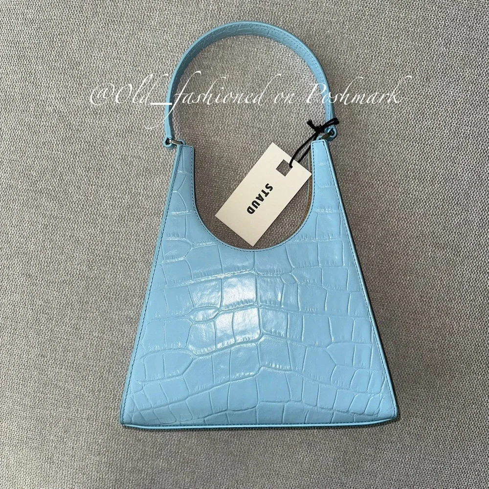 STAUD Rey Leather Bag - Faux Croc Tile Blue (Price Firm)